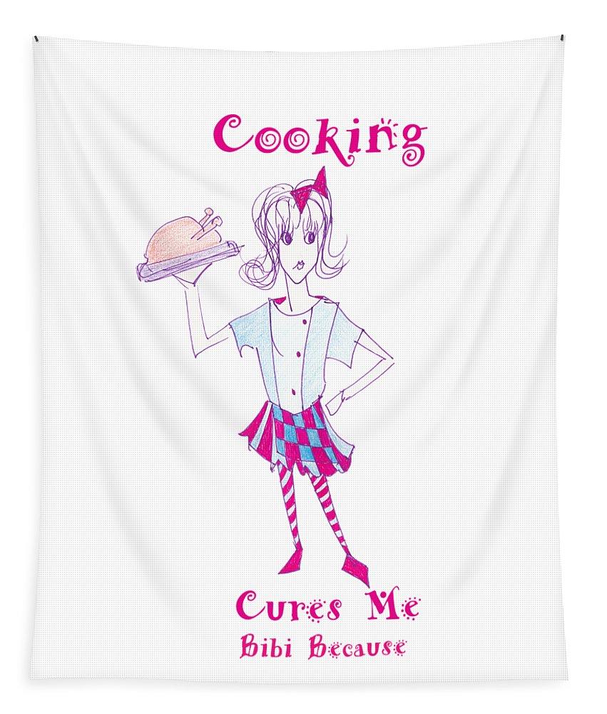 Lightweight Cooking Cures Me Bibi tapestry featuring vibrant artwork, hemmed edges for secure hanging, available in three sizes.